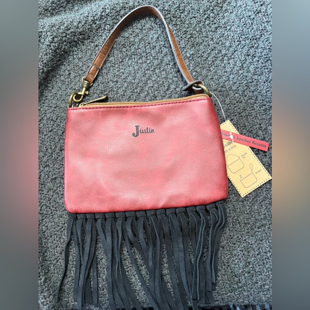 Justin Boots Red Crossbody Bag with Black Fringe